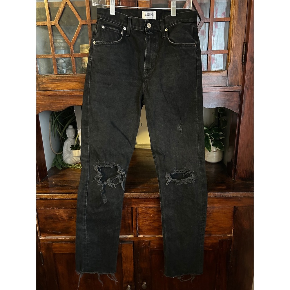 AGOLDE Cherie High Rise Straight Leg Jeans Black Distressed Raw Hem Size 26